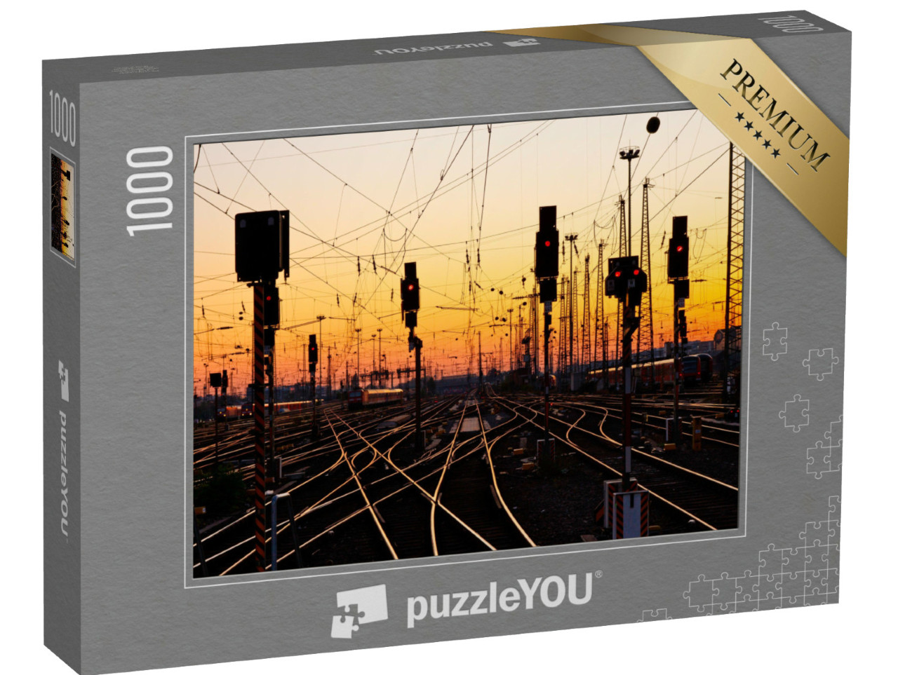 Puzzle 1000 Teile „Eisenbahnschienen in einem großen Bahnhof bei Sonnenuntergang“