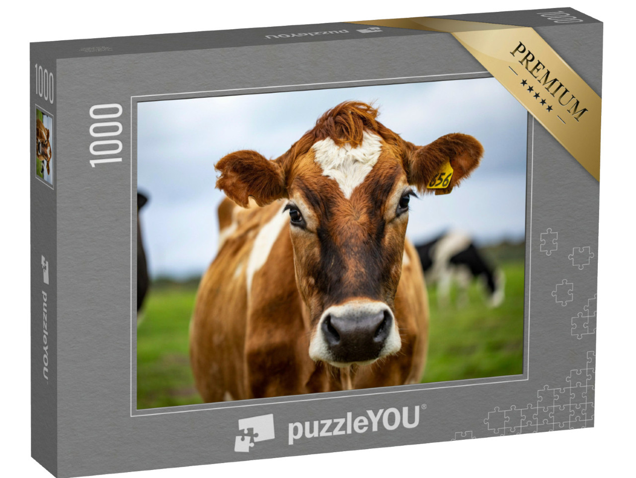 Puzzle 1000 Teile „Auge in Auge mit einer braun gefleckten Kuh“