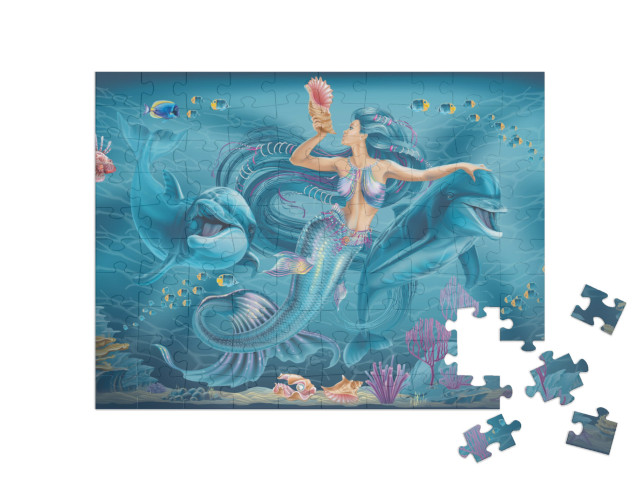 Puzzle 100 Teile „Meerjungfrau und Delfine“