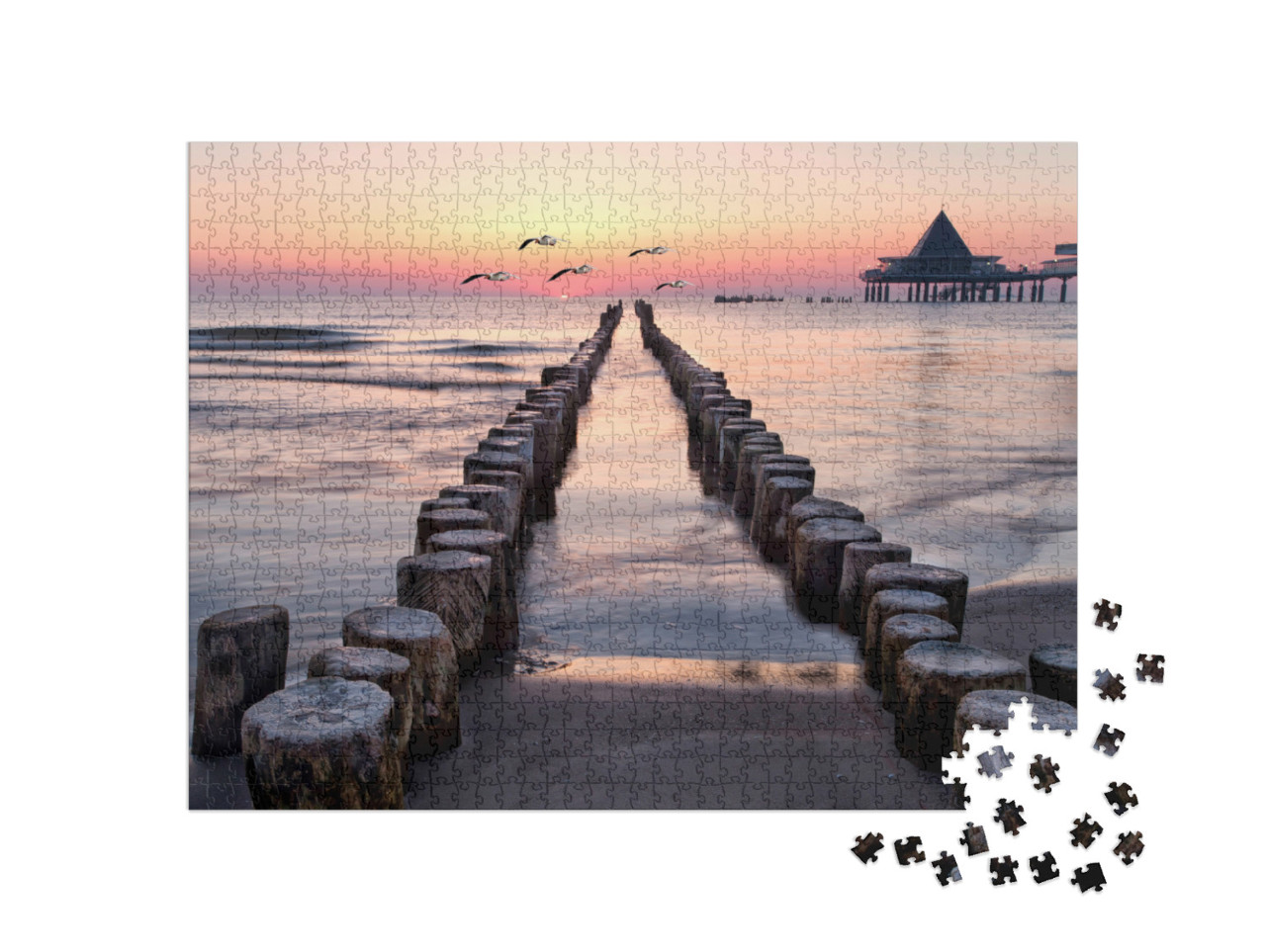 Puzzle 1000 Teile „Sonnenaufgang mit Möwen am Strand von Usedom, Ostsee“