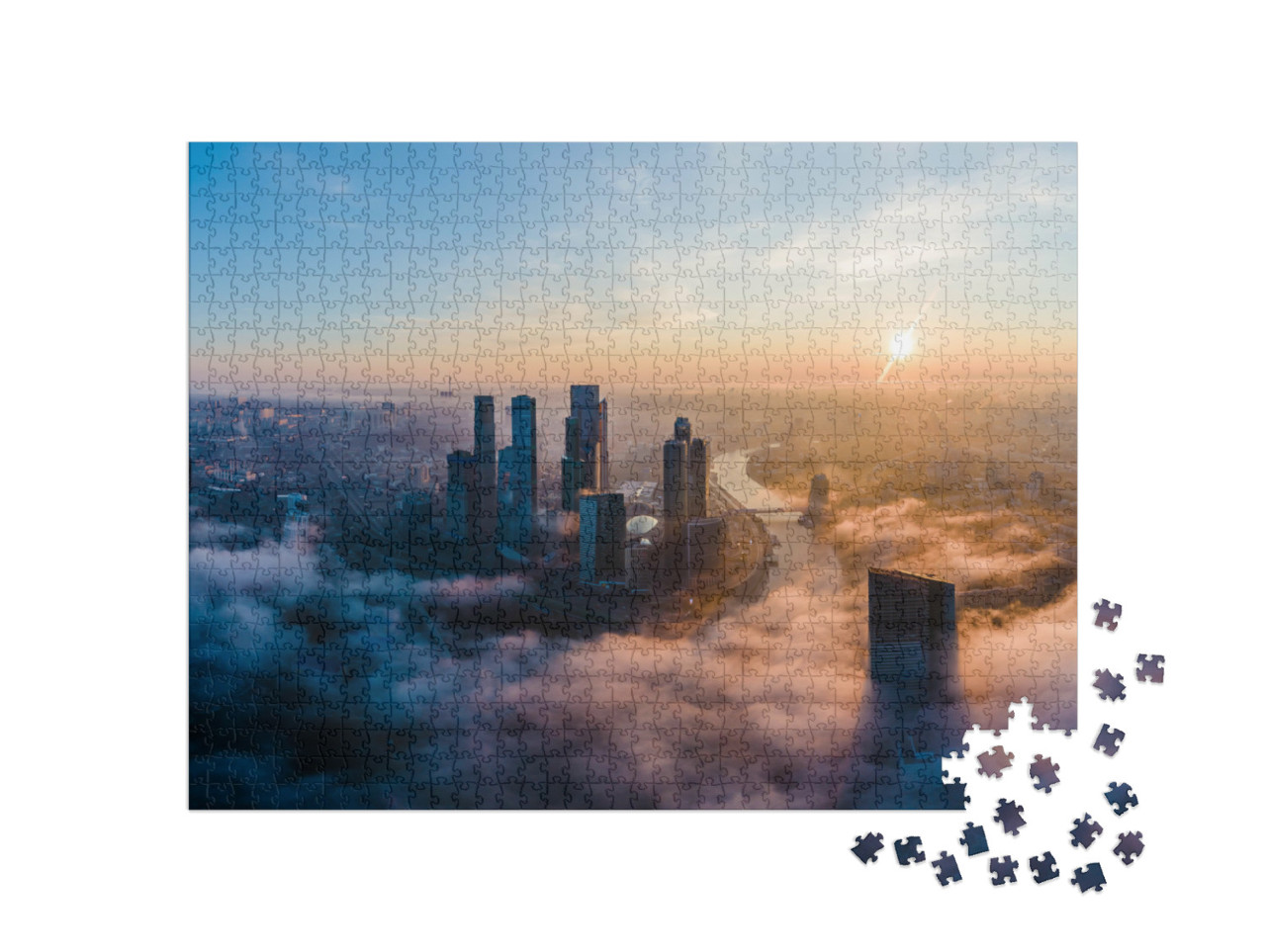 Puzzle 1000 Teile „Luftaufnahme: Türme des Moscow International Business Centre am Morgen“