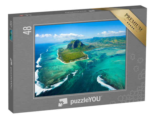 Puzzle 48 Teile „Beeindruckende Luftaufnahme des Inselpanoramas und Unterwasser-Wasserfalls von Mauritius“