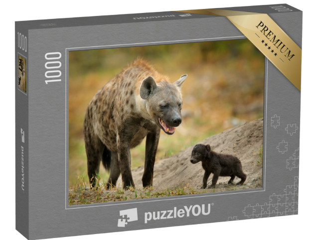 Puzzle 1000 Teile „Neugeborenes Hyänen-Junges mit seiner Mutter, Okavango, Botswana“