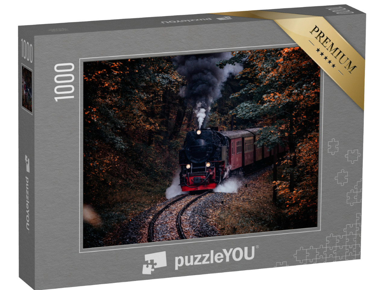 Puzzle 1000 Teile „Dampflokomotive fährt durch dunklen Herbstwald“