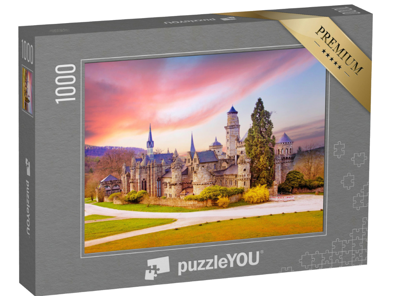Puzzle 1000 Teile „Landschaft mit mittelalterlicher Löwenburg im Schlosspark Wilhelmshöhe, Kassel“