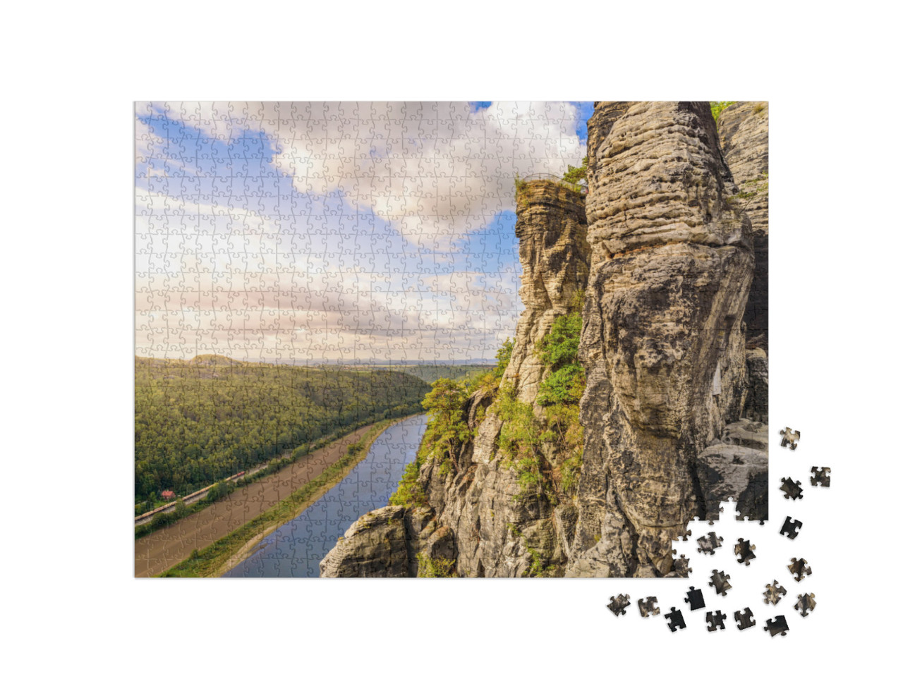 Puzzle 1000 Teile „Blick vom Aussichtspunkt Bastei auf die Elbe, Sächsische Schweiz, Deutschland“