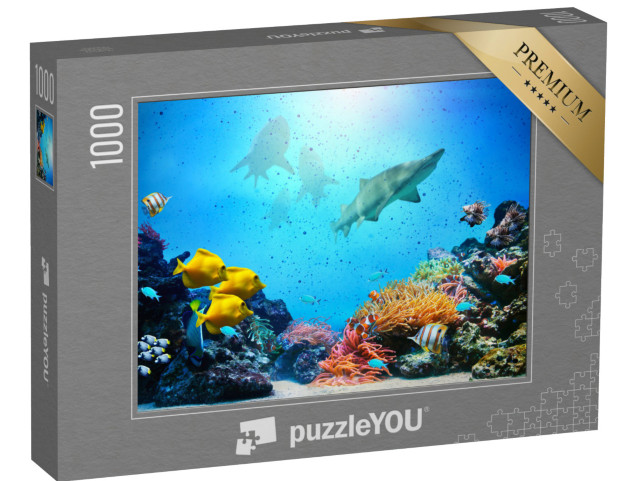 Puzzle 1000 Teile „Korallenriff mit einer bunten Fischgruppe und Haien“