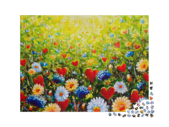 Puzzle 2000 Teile „Ölgemälde: Wunderschöne Blumenwiese“