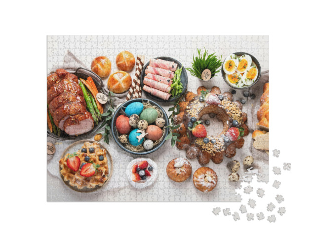 Puzzle 1000 Teile „Traditionelles Osteressen mit Schinken, bunten Eiern und Kuchen“