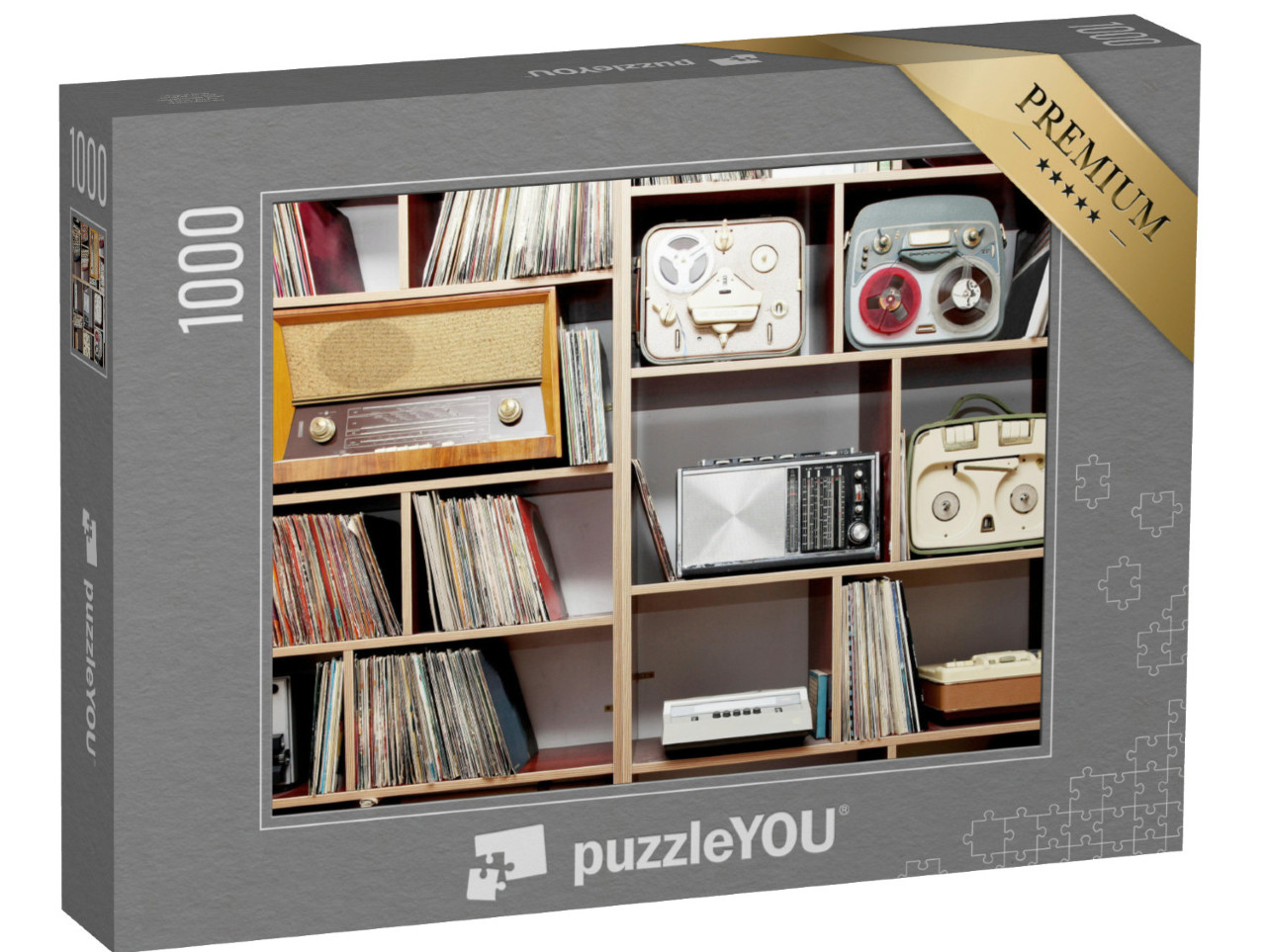 Puzzle 1000 Teile „Sammlung von Vintage-Radios, Plattenspielern und Schallplatten“