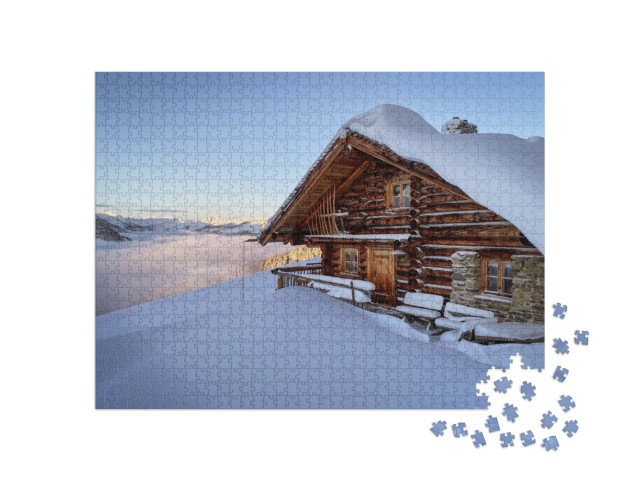 Puzzle 1000 Teile „Berghütte im Skigebiet von Saalbach Hinterglemm in den österreichischen Alpen“