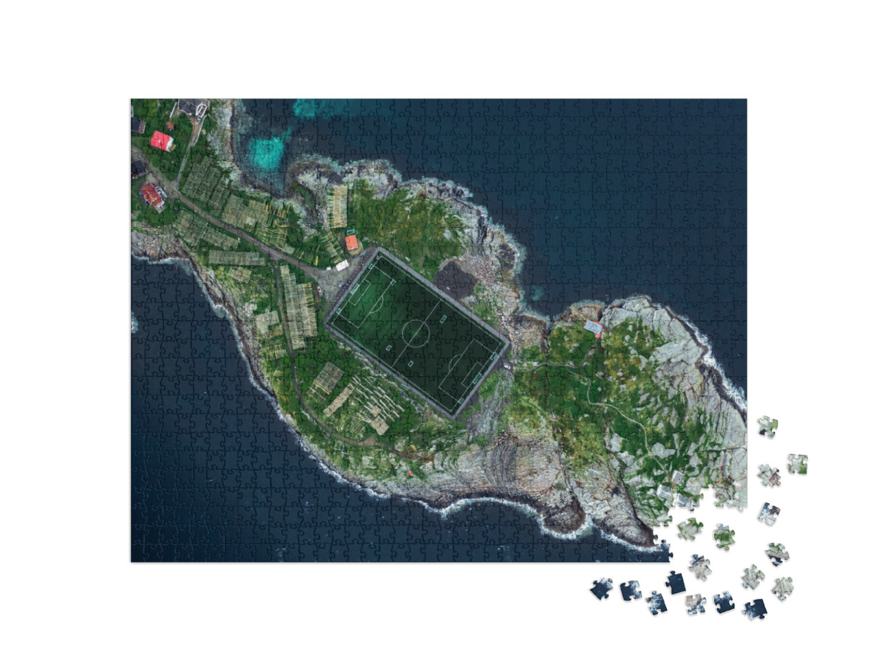 Puzzle 1000 Teile „Drohnen-Luftaufnahme von Henningsvaer auf den Lofoten, Norwegen“