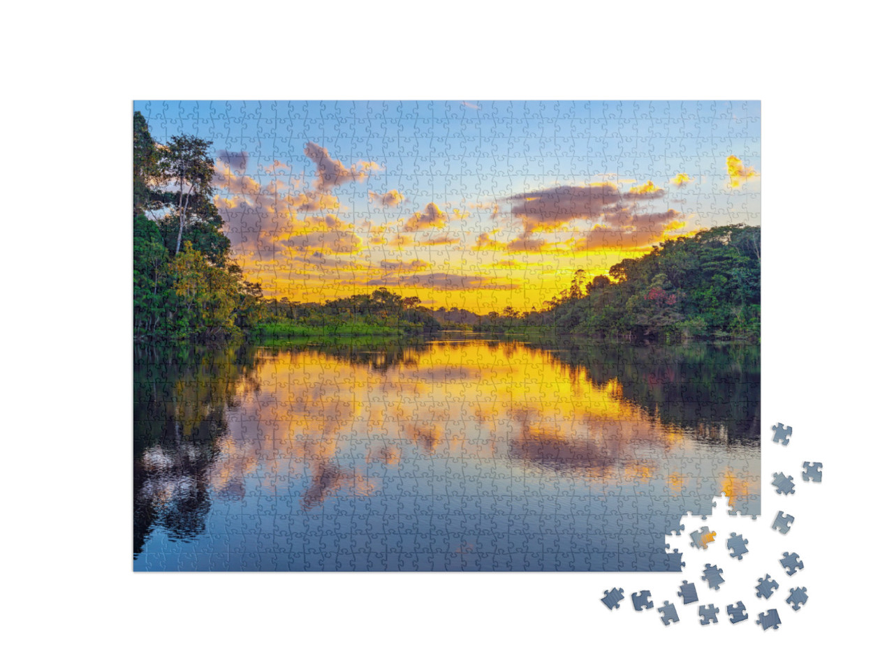 Puzzle 1000 Teile „Magischer Sonnenuntergang: Farbenspiel im Regenwald des Amazonas“