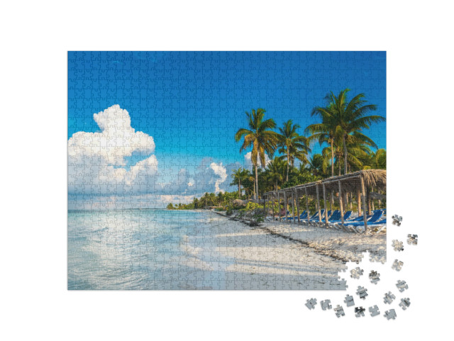Puzzle 1000 Teile „Ein Sitzplatz vor dem karibischen Meer am Strand, Cayo Gulliermo, Kuba“