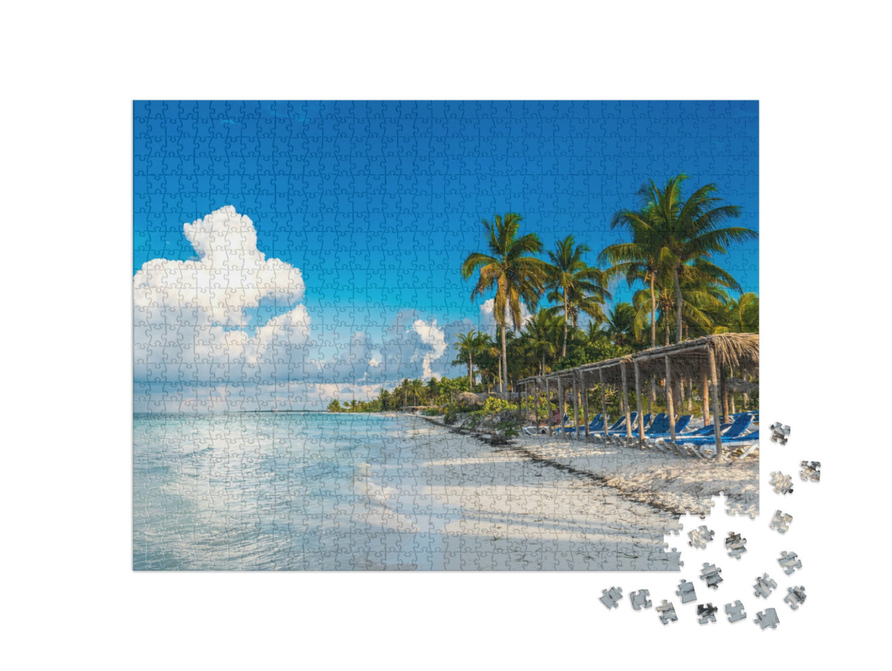 Puzzle 1000 Teile „Ein Sitzplatz vor dem karibischen Meer am Strand, Cayo Gulliermo, Kuba“