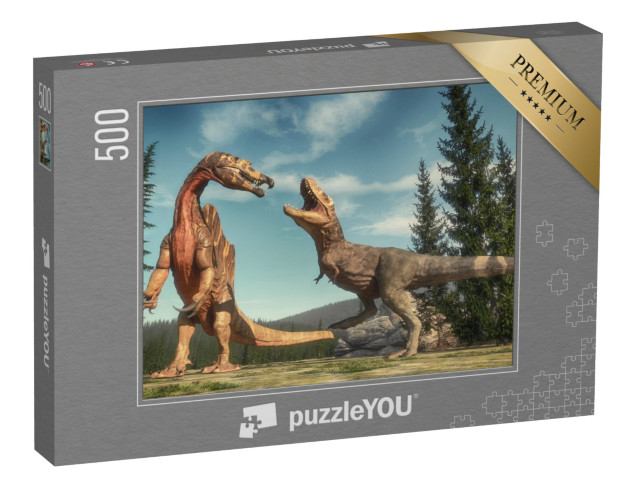 Puzzle 500 Teile „Kampf zwischen Spinosaurus und T Rex auf dem Jurassic Valley“