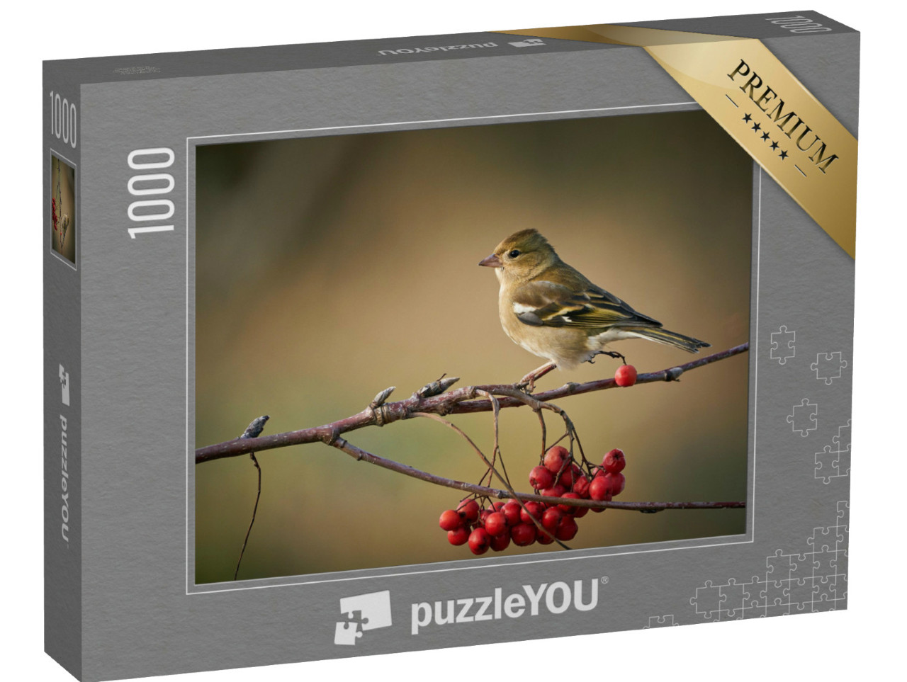 Puzzle 1000 Teile „Buchfink auf einem Zweig mit roten Beeren“