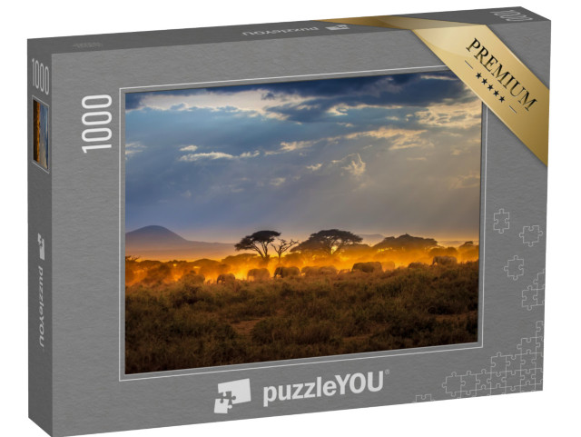 Puzzle 1000 Teile „Wanderung der Elefanten am Abend in der afrikanischen Savanne“