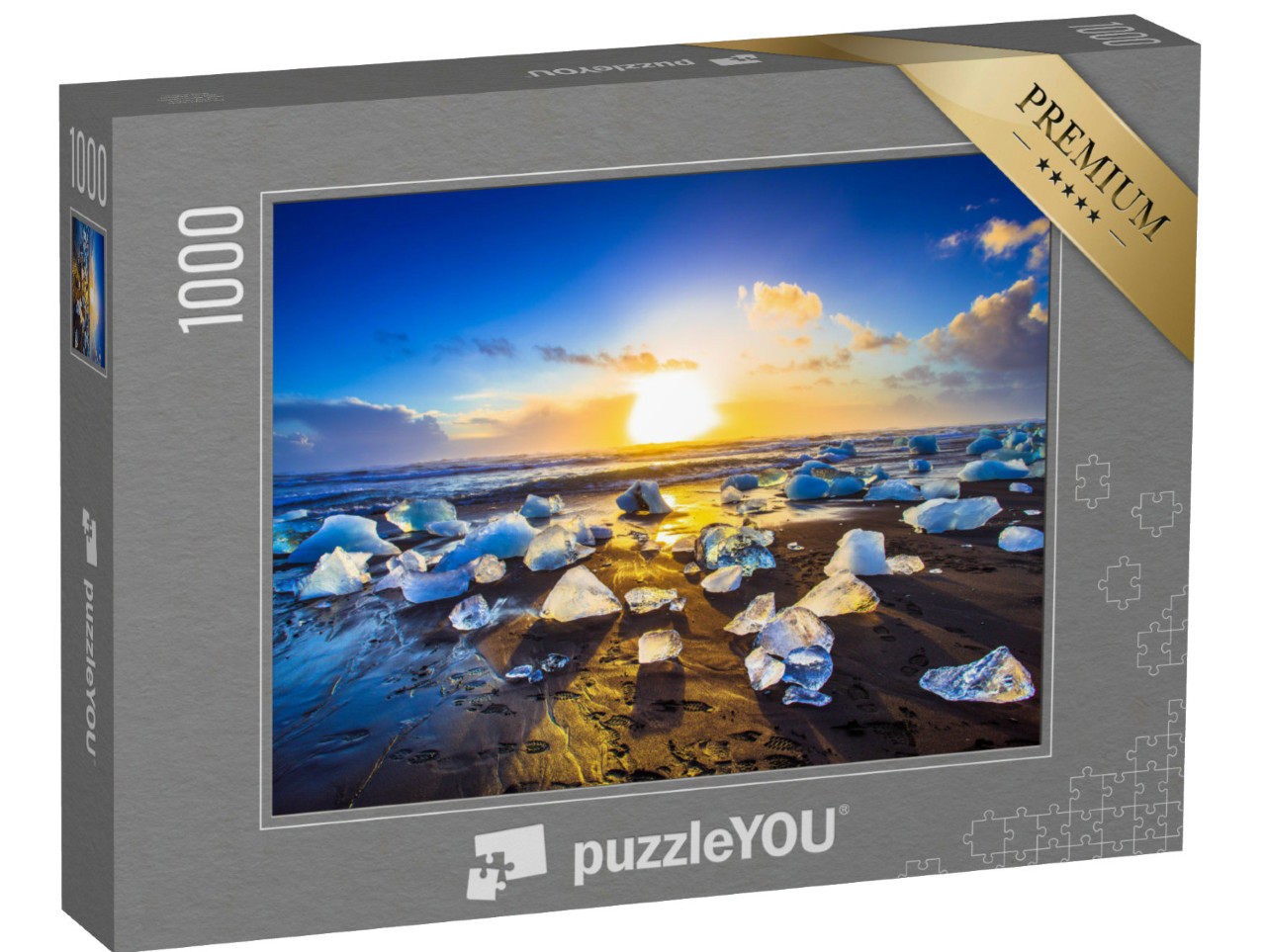 Puzzle 1000 Teile „Eisfelsen mit schwarzem Sandstrand am Jokulsarlon-Strand, Island“