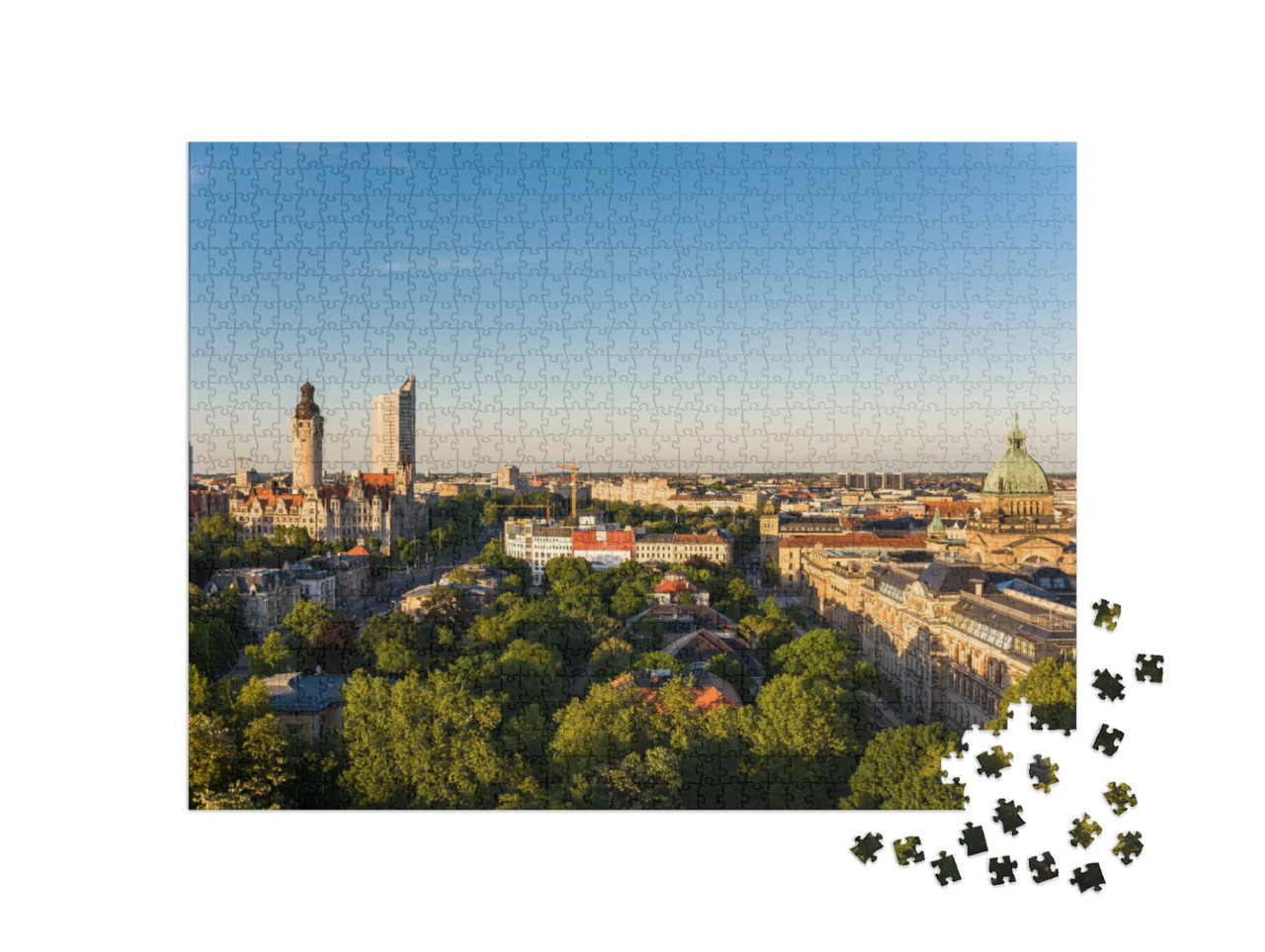 Puzzle 1000 Teile „Skyline von Leipzig mit Rathaus bei Sonnenuntergang, Deutschland“