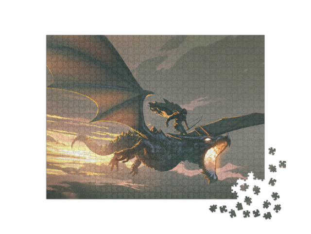 Puzzle 1000 Teile „Ritter reitet den Drachen bei Sonnenuntergang“