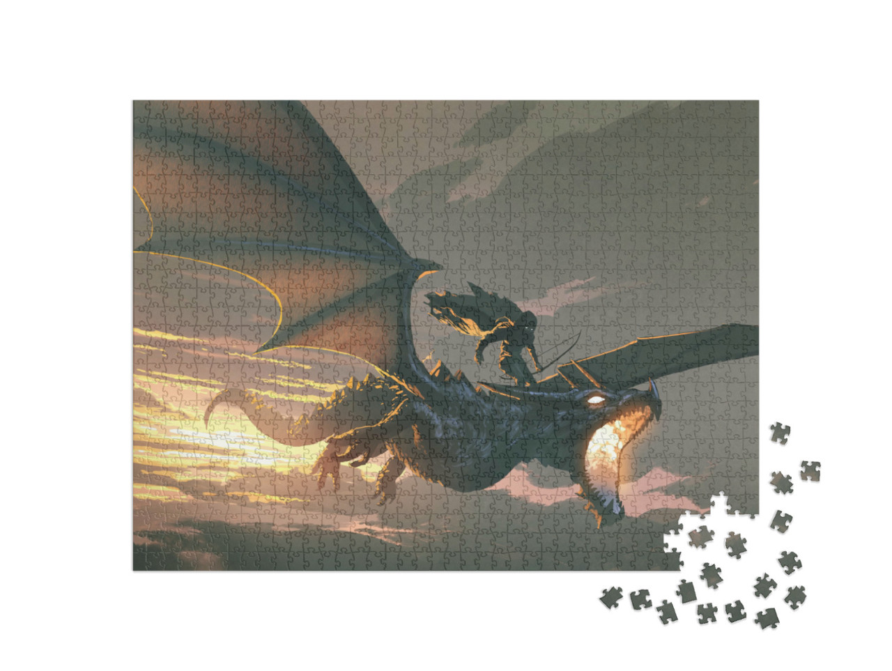 Puzzle 1000 Teile „Ritter reitet den Drachen bei Sonnenuntergang“