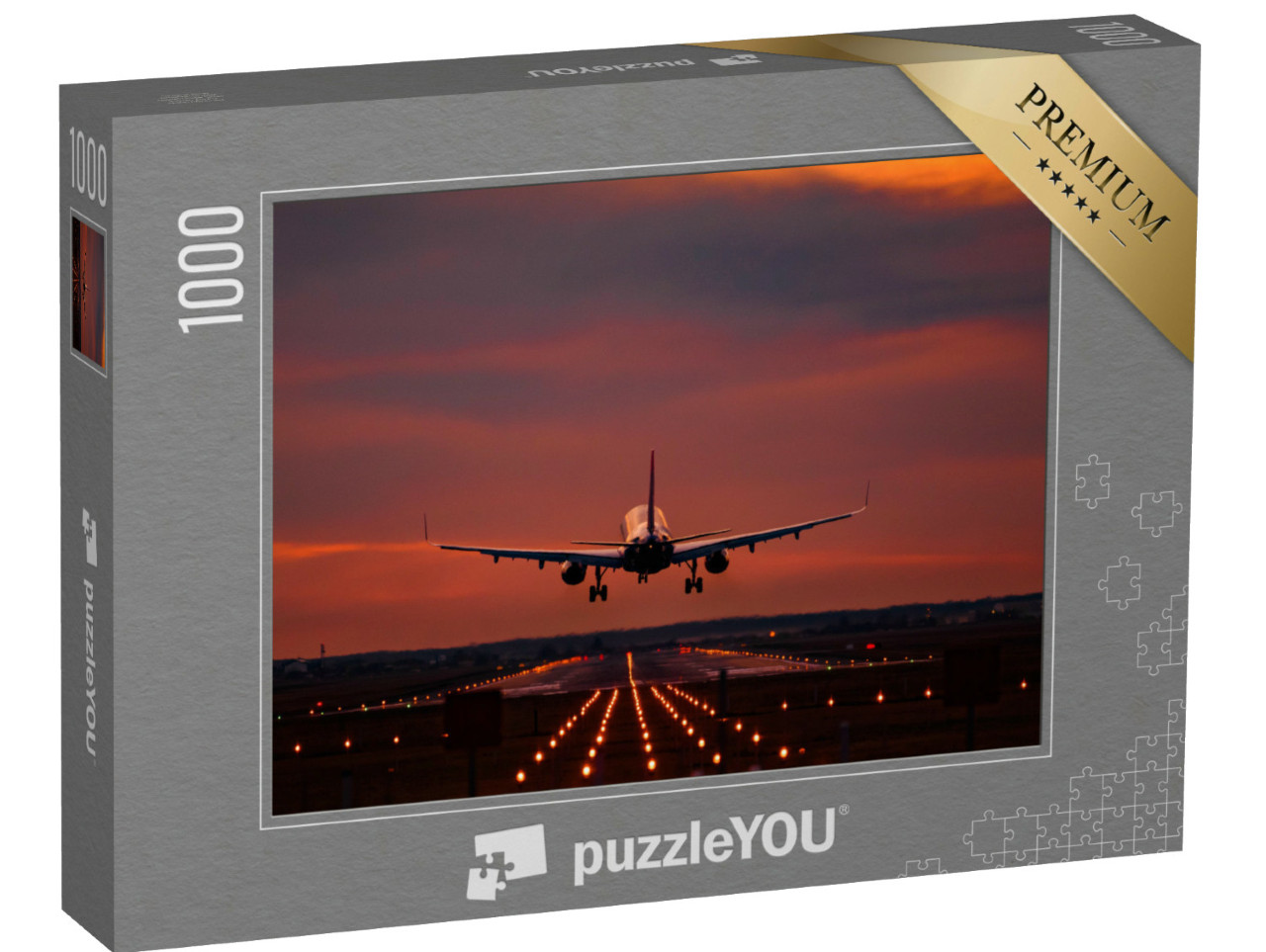 Puzzle 1000 Teile „Landeanflug im Sonnenuntergang auf dem Flughafen Otopeni“