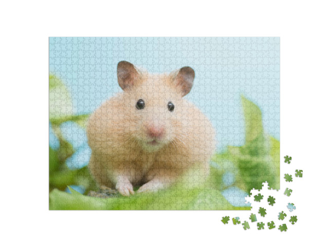 Puzzle 1000 Teile „Goldhamster umringt von grünen Blättern“