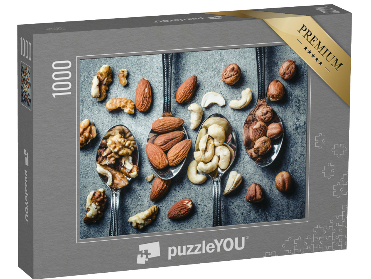 Puzzle 1000 Teile „Walnüsse, Haselnüsse, Mandeln und Cashewkerne auf silbernen Metalllöffeln“