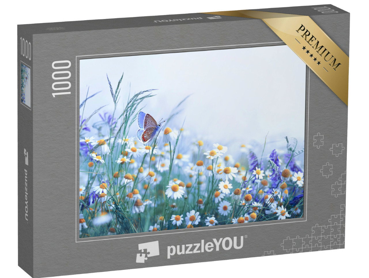 Puzzle 1000 Teile „Wildblumenwiese mit Schmetterling am nebligen Morgen“