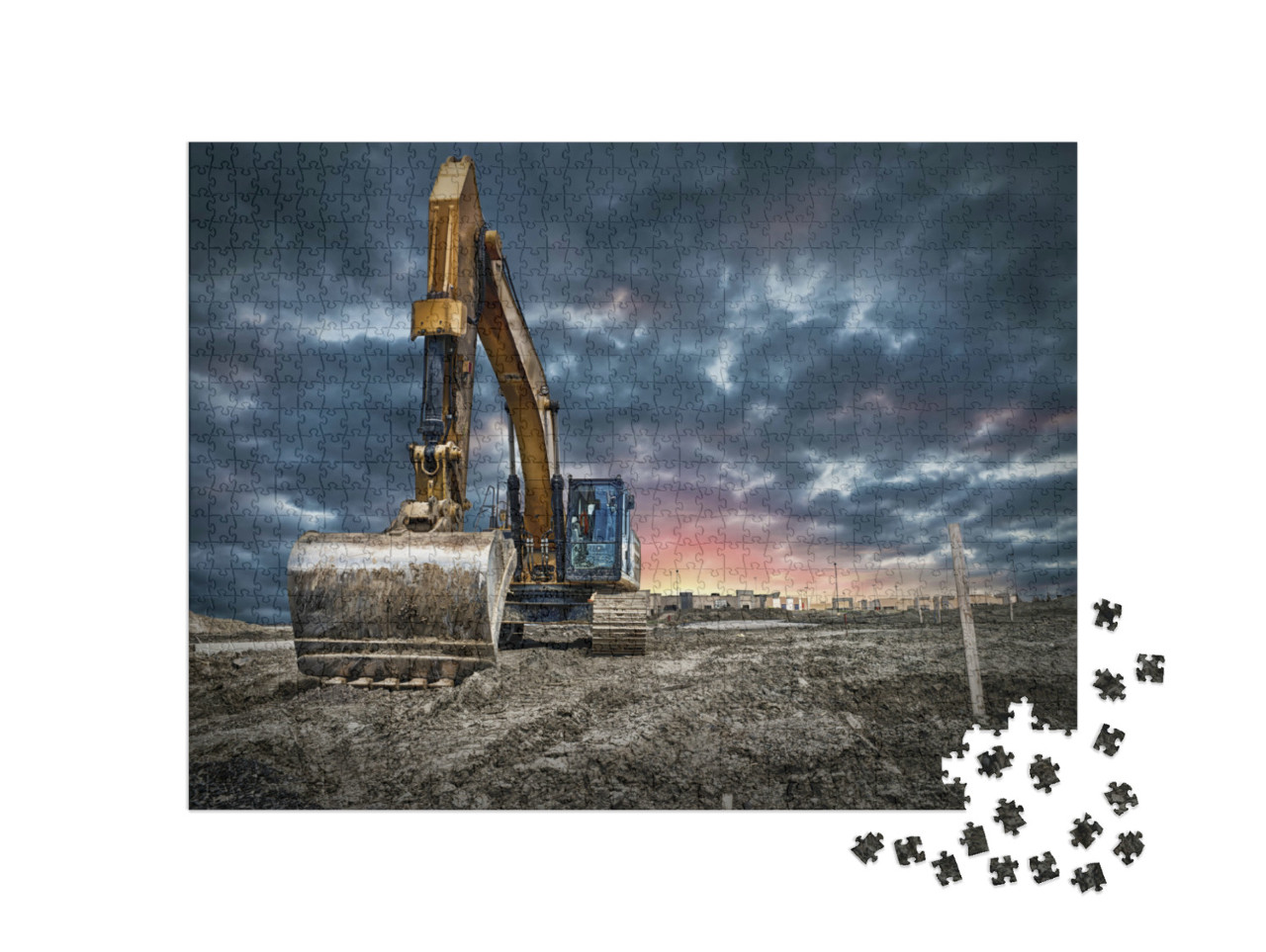 Puzzle 1000 Teile „Baggermaschinen auf einer Baustelle bei Sonnenuntergang“