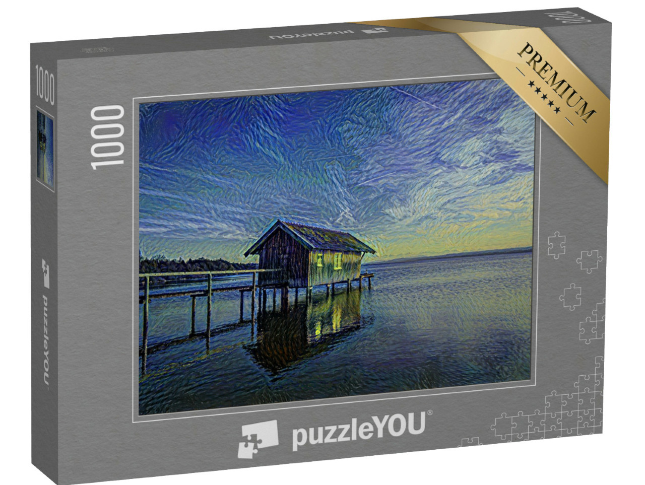 Puzzle 1000 Teile „im Kunst-Stil von van Gogh, Sternennacht - Seehaus in Stegen am Ammersee in Bayern“