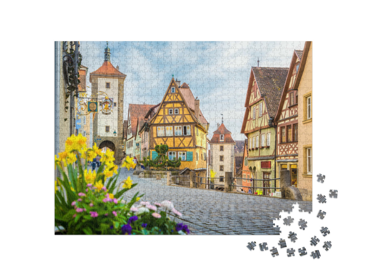 Puzzle 1000 Teile „Stadt Rothenburg ob der Tauber mit blühenden Blumen,  Deutschland“