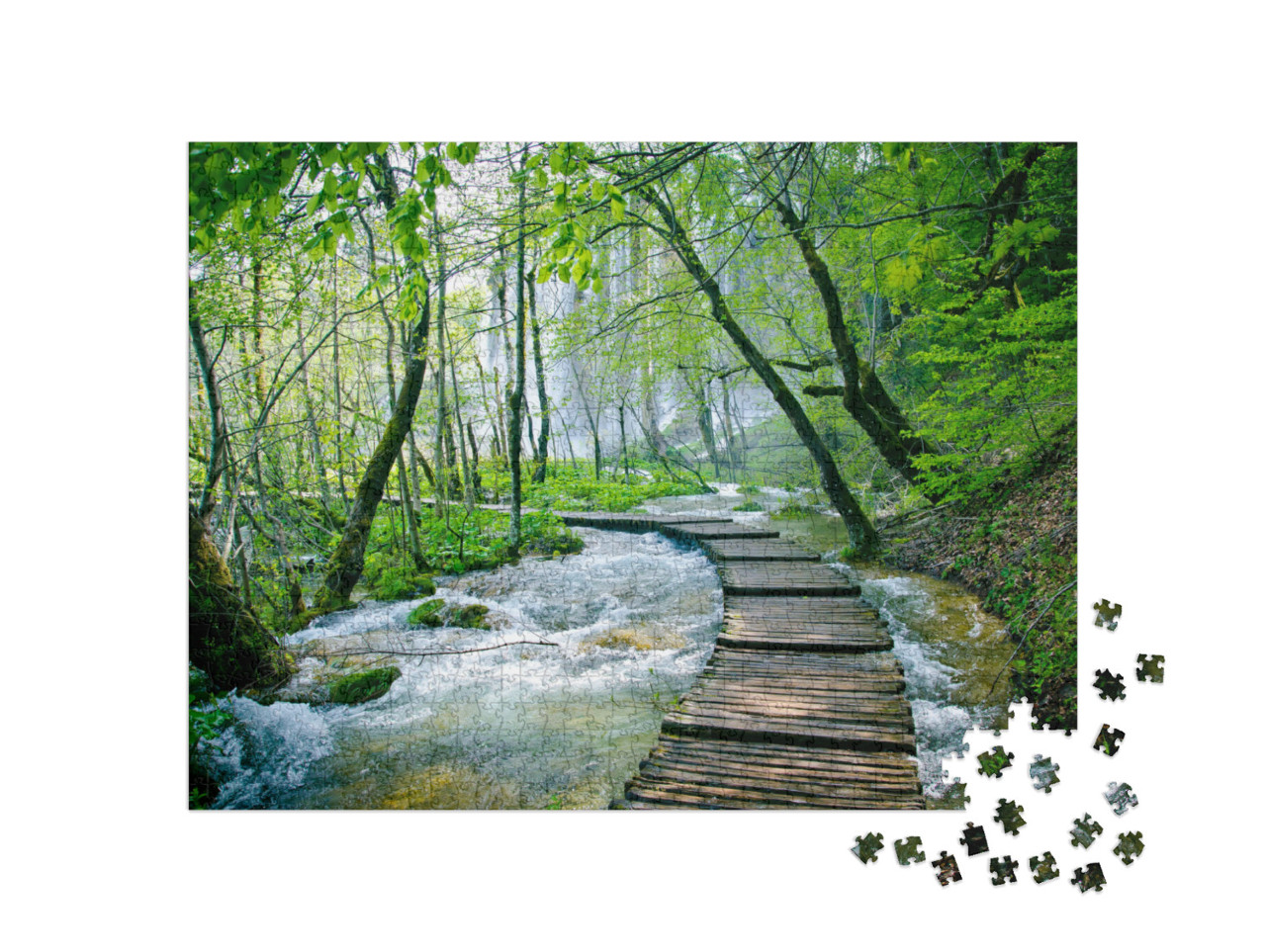 Puzzle 1000 Teile „Holzpfad und Wasserfall im Plitvice-Nationalpark, Kroatien“