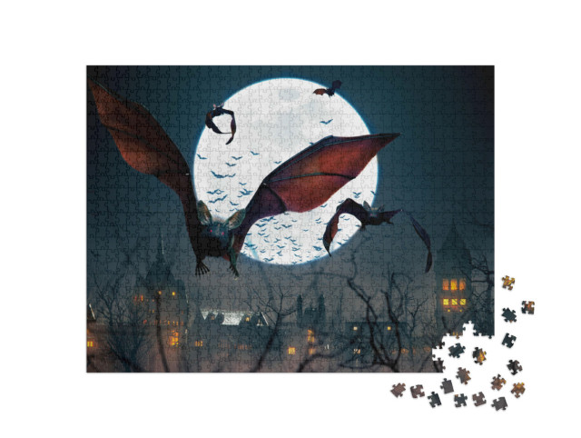 Puzzle 1000 Teile „Fliegende Fledermäuse in einer Vollmondnacht “