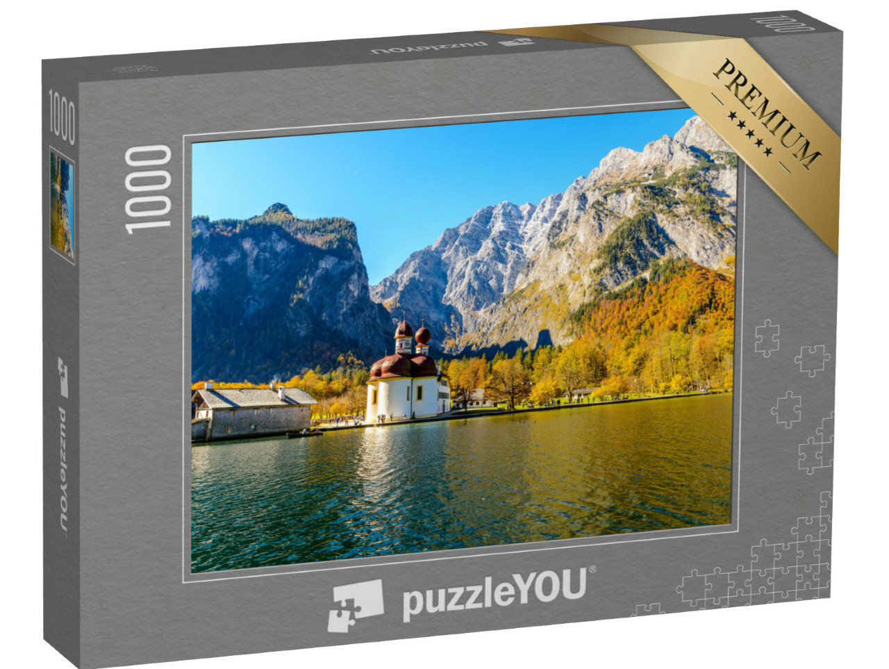 Puzzle 1000 Teile „Kirche St. Bartholomäus am Königssee im Herbst, Bayern, Deutschland“