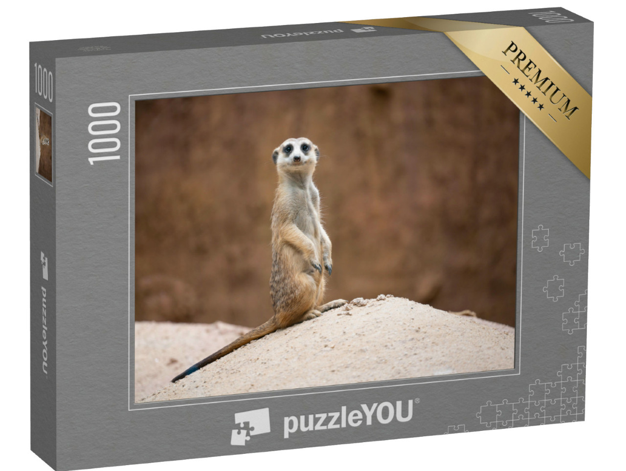 Puzzle 1000 Teile „Niedliches Erdmännchen, Suricata suricatta, auf einem Felsen stehend“