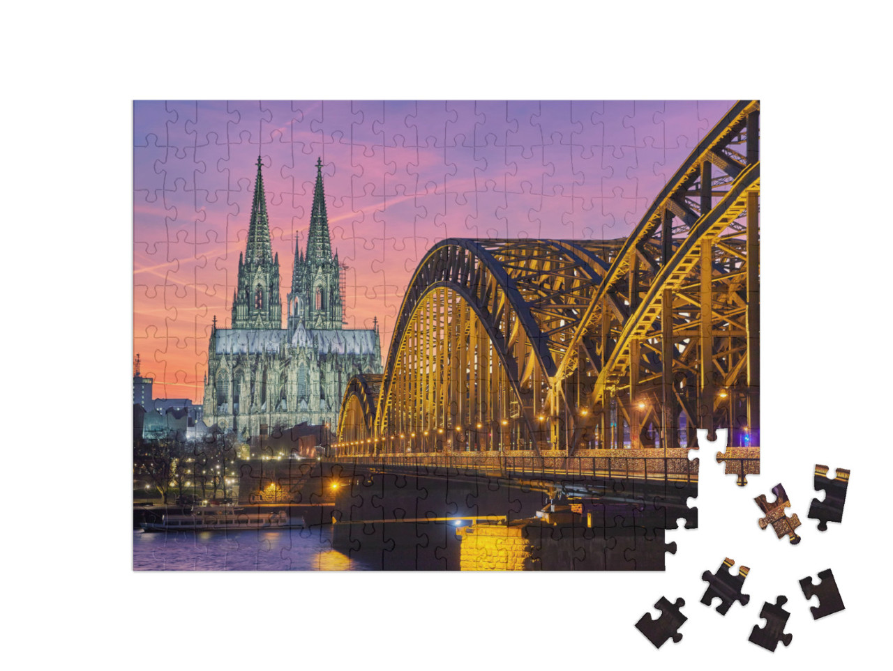 Puzzle 200 Teile „Kölner Dom und Hohenzollernbrücke bei Sonnenuntergang“