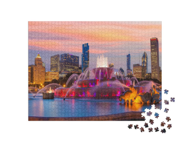 Puzzle 1000 Teile „Panorama der Skyline von Chicago mit Wolkenkratzern und Buckingham-Brunnen“