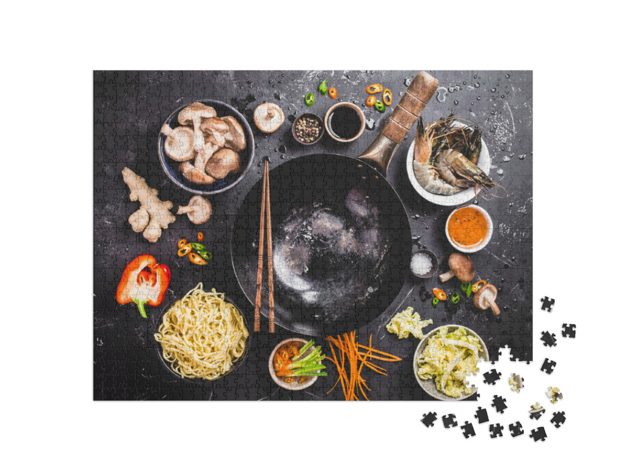Puzzle 1000 Teile „Asiatisch kochen mit Wok, Gemüse und Nudeln“