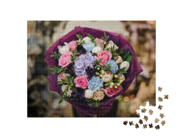 Puzzle 1000 Teile „Ein Blumenstrauß aus Hortensien und Pfingstrosen“