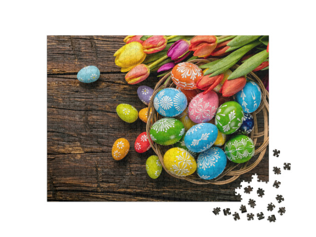Puzzle 1000 Teile „Ostereier und Tulpen“