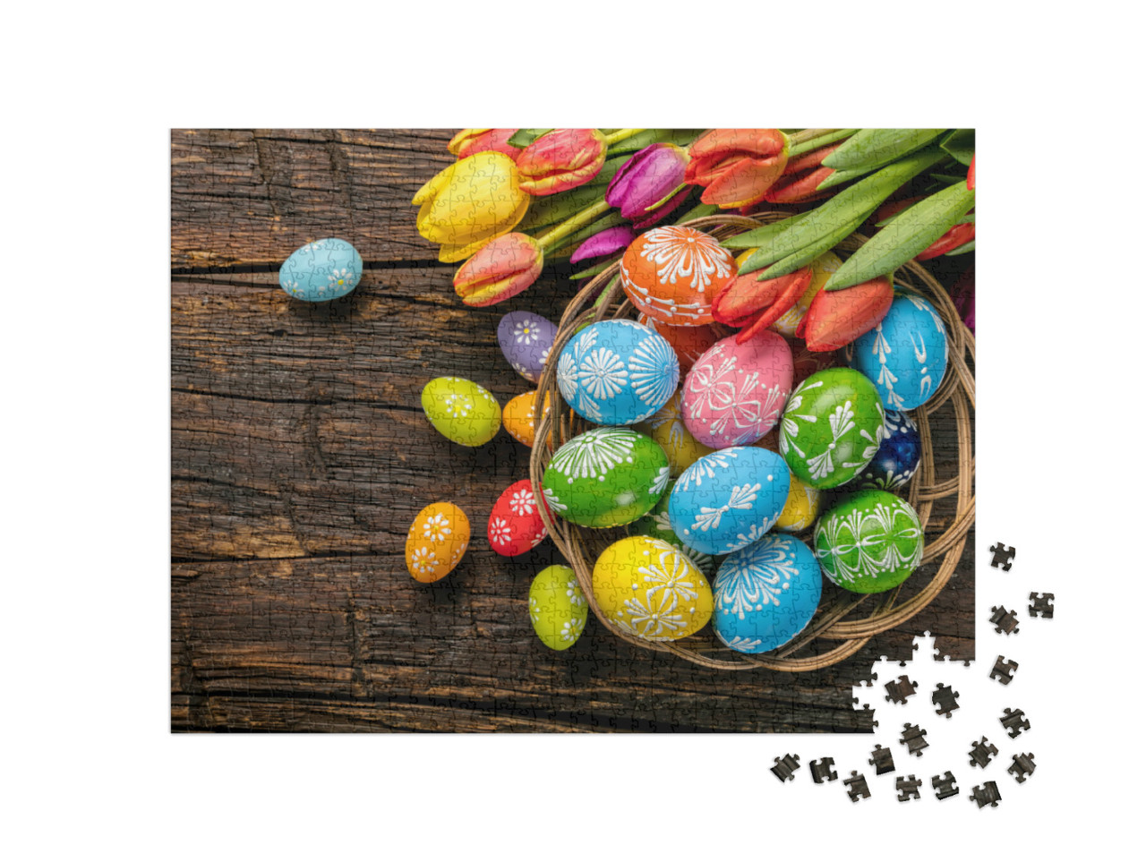Puzzle 1000 Teile „Ostereier und Tulpen“