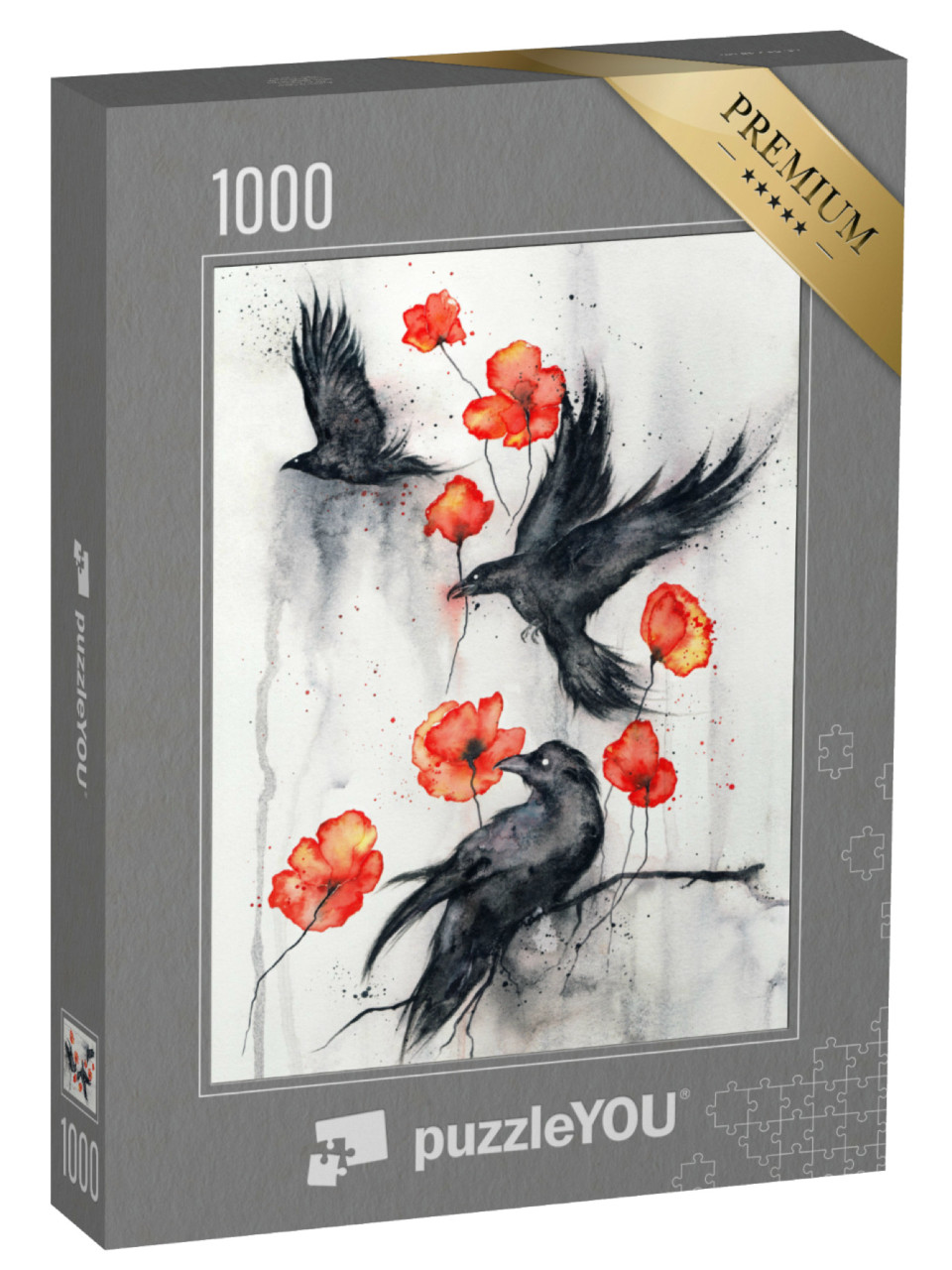 Puzzle 1000 Teile „Schwarze Raben mit roten Mohnblumen“