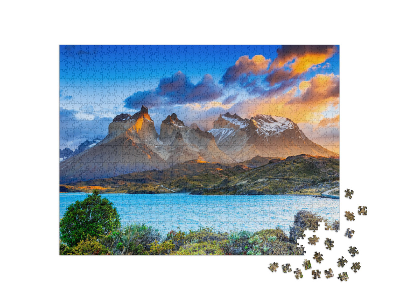 Puzzle 1000 Teile „Sonnenaufgang am Pehoe See im Torres Del Paine Nationalpark, Chile“
