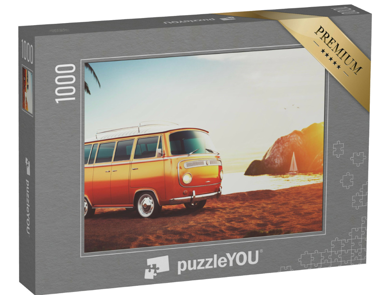 Puzzle 1000 Teile „Retro-Bus am Strand im Sonnenuntergang“