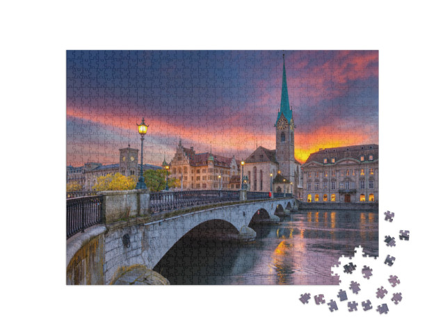 Puzzle 1000 Teile „Feuriger Sonnenuntergang in Zürich“