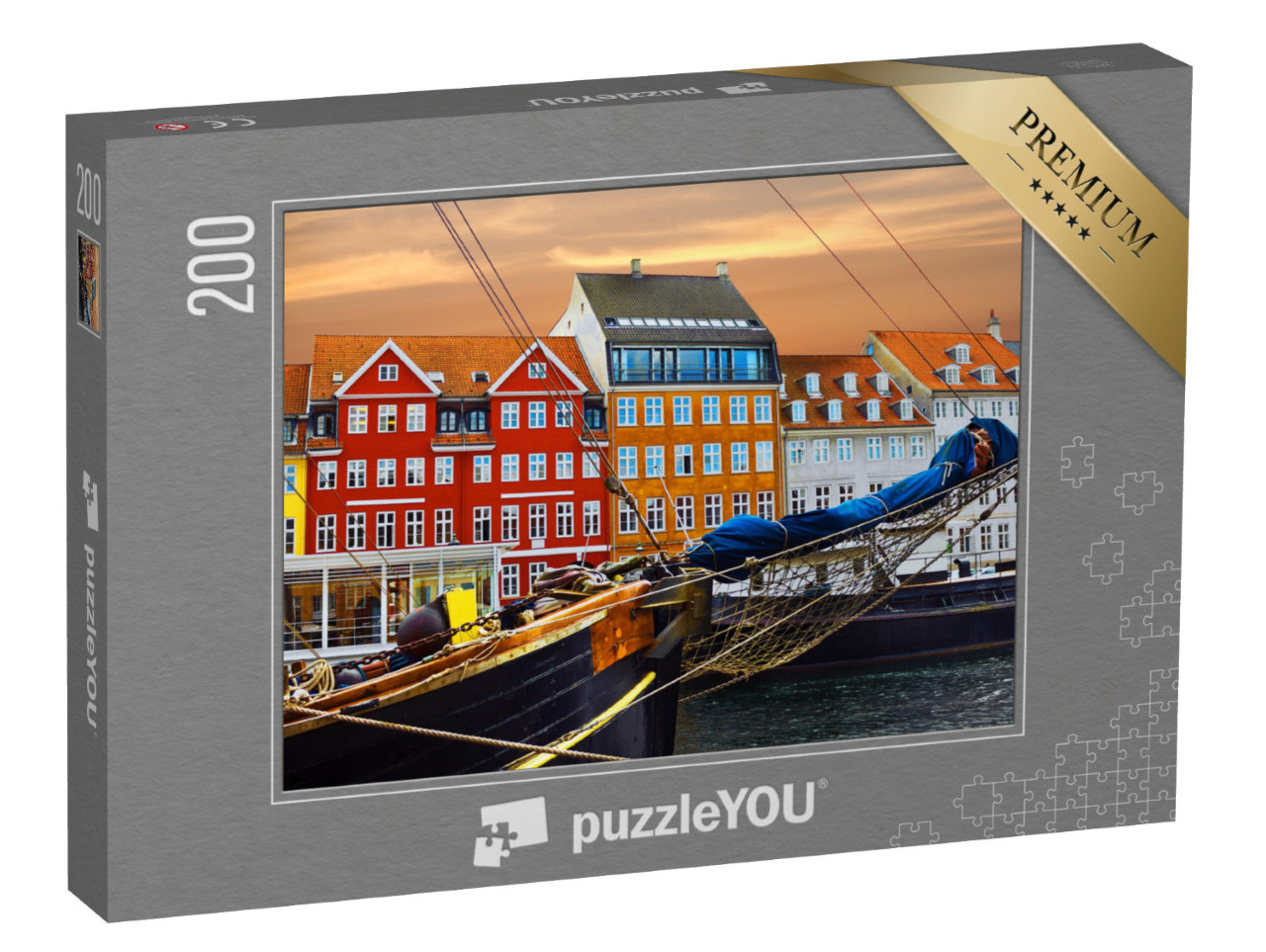 Puzzle 200 Teile „Yachten und farbige Häuser an der Strandpromenade in Nyhavn“