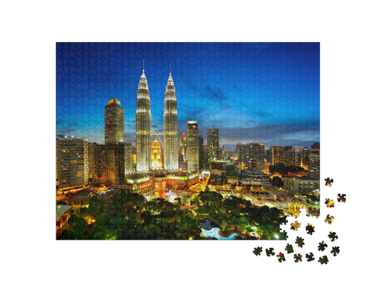 Puzzle 1000 Teile „Luftbild der Skyline von Kuala Lumpur bei Dämmerung, Malaysia“