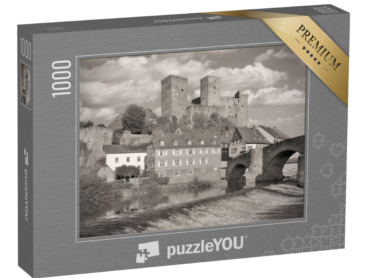Puzzle 1000 Teile „Mittelalterliches Dorf Runkel an der Lahn, schwarz-weiß“